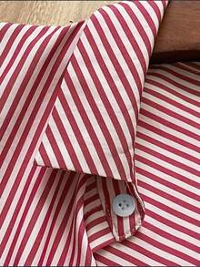 Airaco 女式条纹长袖纽扣衬衫和短裤休闲两件套 - 紅白色 - 查看 3