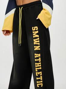 SUMWON WOMEN 宽腿学院风慢跑裤抽绳腰宽松街头风格嘻哈休闲运动裤秋冬家居服 - 黑色 - 查看 5