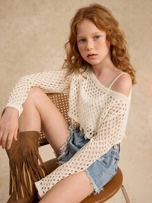 少女镂空短袖轻薄罩衫，欧美度假风，春夏季