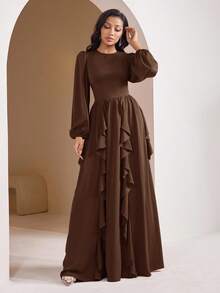 Veilorie Women's Solid Color Round Neck Lantern Sleeve Ruffle Hem Elegant Arabic Style Dress - Coffee Brown - View 5