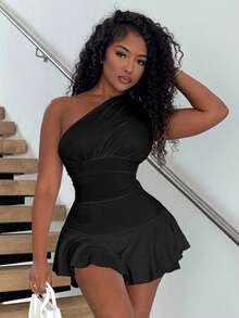Alexandranx One Shoulder Ruffle Trimmed Women's Bodycon Romper - Black - View 1