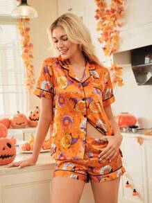 FamilyFrolics 女士甜甜圈印花短袖纽扣上衣和短裤睡衣套装，万圣节 - 彩色 - 查看 3