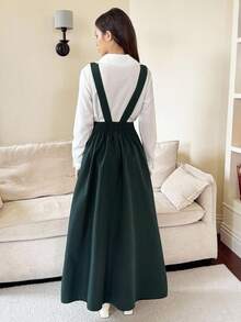 橄榄绿色简约图案长袖衬衫和连衣裙两件套，适合少女 - 墨綠色 - 查看 2