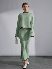 EURMUSE Conjunto de saia e suéter com detalhe de ponto preto em malha - Menta verde - Ver 2
