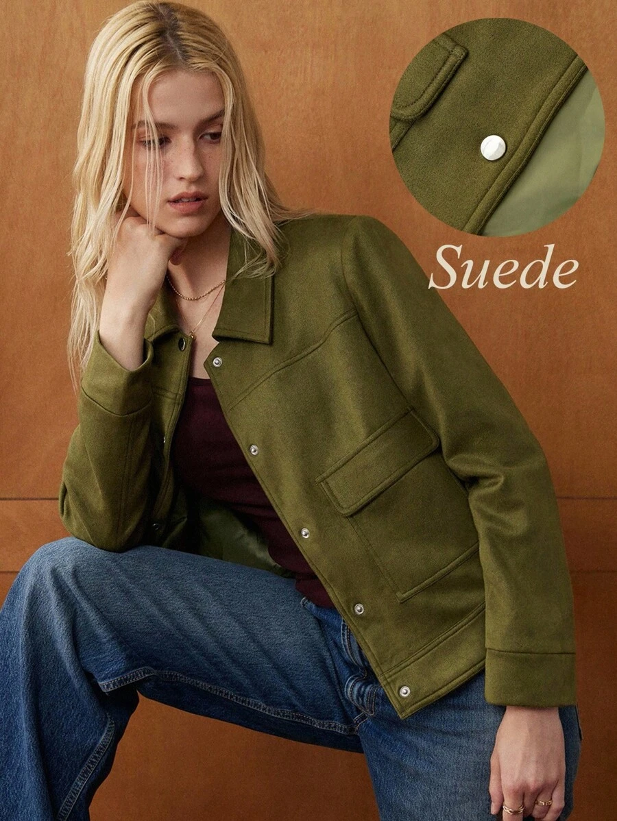 Écloséra Women's French Commuter Lapel Suede Metal Button Long Sleeve Jacket Autumn And Winter Cardigan Winter Coat Going Out Coats Women Fall Green Jacket