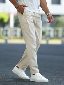 Manfinity Homme Men's Solid Color Drawstring Waist Pocket Straight Leg Casual Pants, For Fall - Beige - View 3