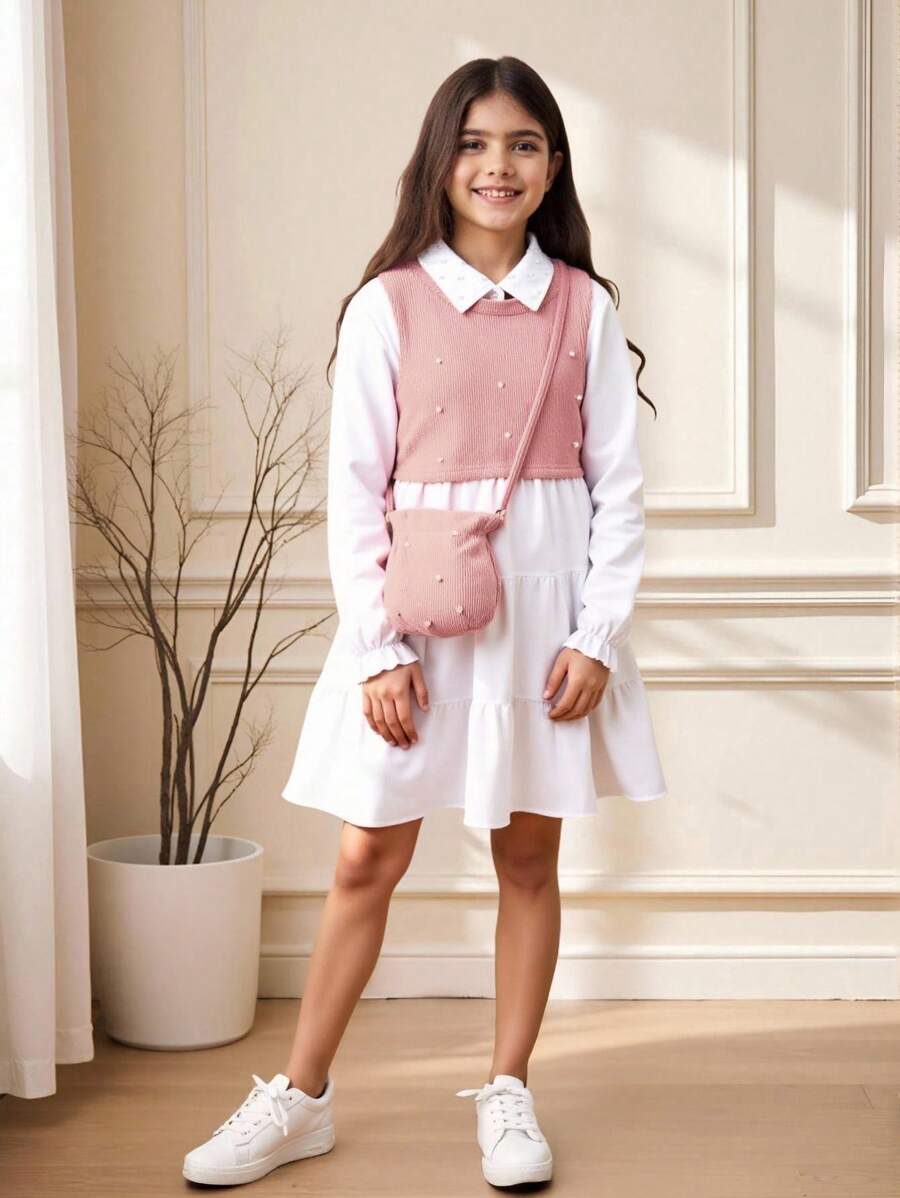 SHEIN Tween-Mädchen 3-teiliges Westenset mit Perlendekor und weißem, langärmeligem Lässig Hemdkleid, einschließlich 1 Umhängetasche, Herbst-/Winterset