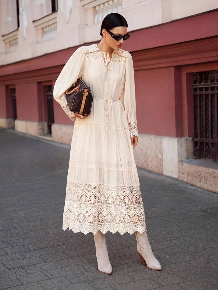 Women's Apricot Autumn Boho Holiday Tea Party Dress,Lace Patchwork Long Sleeve Frill Trim Loose Fashion Wedding Guest Gowns,Business Casual Apparel