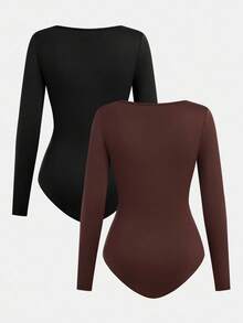 SHEIN Girlism Bộ 2 bộ đồ liền thân màu đen và nâu cổ vuông tay dài màu trơn có nút bấm phía trước cho bé gái tuổi teen, mua 1 tặng 1 - Nhiều màu - Xem 2