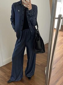 DAZY Women's Casual Loose Shirt And Wide Leg Jeans Suit, Autumn - Navy Blue - View 3