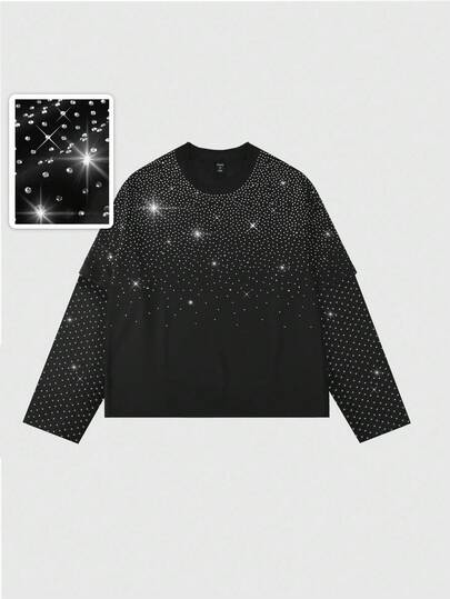 ROMWE Avant Men's Gradient Sparkling Diamond Print Loose Short T-Shirt, For Fall