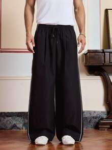 SWAVVY Men's Side Stripe Drawstring Waist Wide Leg Woven Long Pants, For Fall - Black - View 4