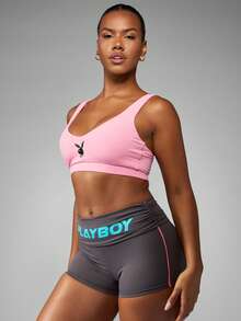 Missguided x Playboy Áo ngực thể thao nén thun đàn hồi hiệu suất cao có logo thỏ, tập luyện thể dục, chạy bộ, yoga, áo crop top thể thao thấm hút mồ hôi, thoáng khí, trang phục biểu diễn - Hồng - Xem 5