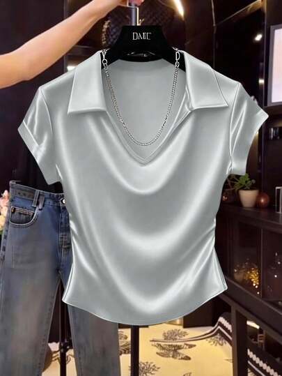 Franclia Women's Casual Solid Color Satin Shiny T-Shirt