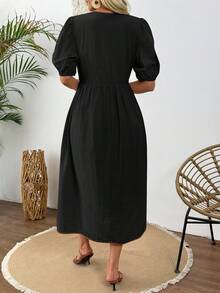 SHEIN LUNE 夏季优雅正式修身收腰中长连衣裙，饰有蝴蝶结，休闲风格 - 黑色 - 查看 3