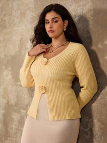 Flirla Plus Size Elegant Commuter Solid Color 3D Floral Decor Split Hem Sweater Fall Winter Cloth For Women Autumn - Yellow - View 6