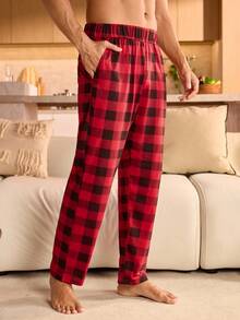 Manfinity Underwear&Sleepwear Basics Plus Size Plaid Print Elastic Waist Pocket Casual Lounge Pants For Men, Fall
