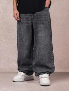 SUMWON 复古风宽松牛仔裤，直筒阔腿裤，休闲百搭，秋冬必备，宽松舒适，纯色 - 黑色 - 查看 2