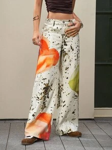 SHEIN EZwear 女士休闲印花低腰直筒牛仔裤，适合音乐节 - 卡其色 - 查看 5