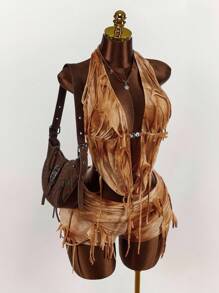 Amplova 2 件套：深垂领露背上衣和独特面料的破洞迷你短裤 - 彩色 - 查看 4