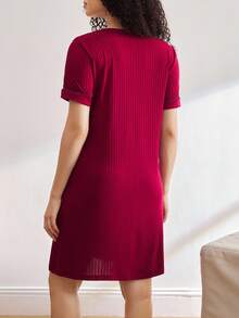 BloomMama 孕妇睡衣 - 七分袖连衣裙（罗纹） - 酒紅色 - 查看 3