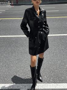 DAZY Women's PU Shirt Style Mid-Length Dress, Spring/Autumn - Black - View 5