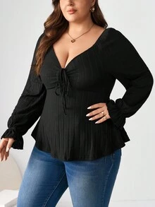 Enliva Quần áo dài tay thường ngày cỡ lớn cho nữ mùa thu, buộc ở ngực, vải mềm mại và thoải mái, áo phông đẹp cho mặc ở nhà và đi chơi, áo phông dài tay cổ hình trái tim màu trơn viền xếp nếp - màu đen - Xem 4