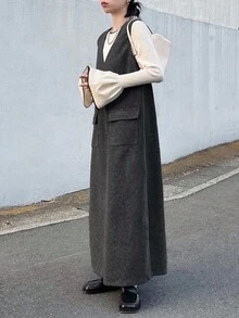 FRIFUL Women's V-Neck Straight Hem Slit Casual Solid Color Front Pocket Decor Long Dress - Grey - View 1