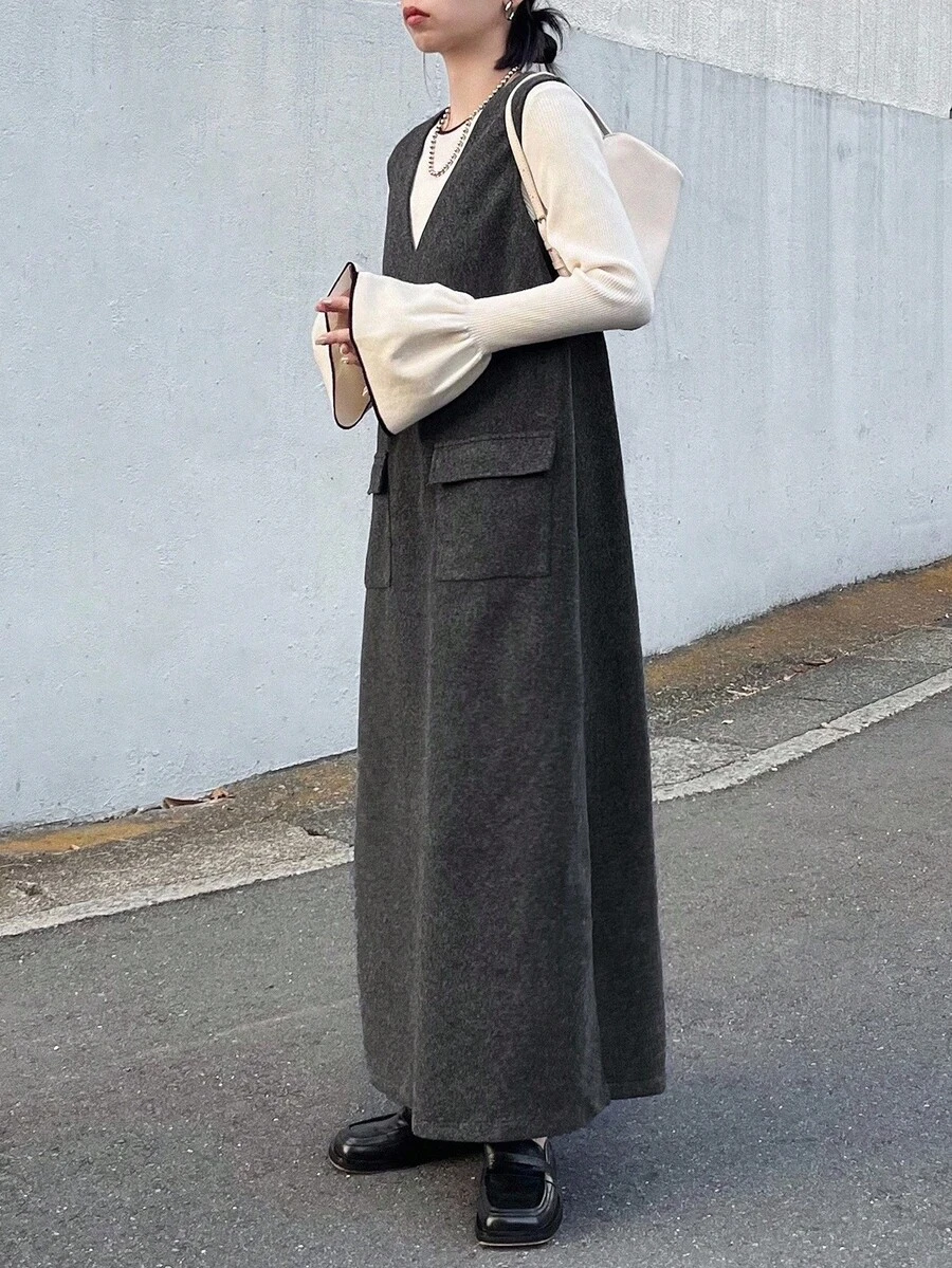 FRIFUL Women's V-Neck Straight Hem Slit Casual Solid Color Front Pocket Decor Long Dress - Grey - View 1
