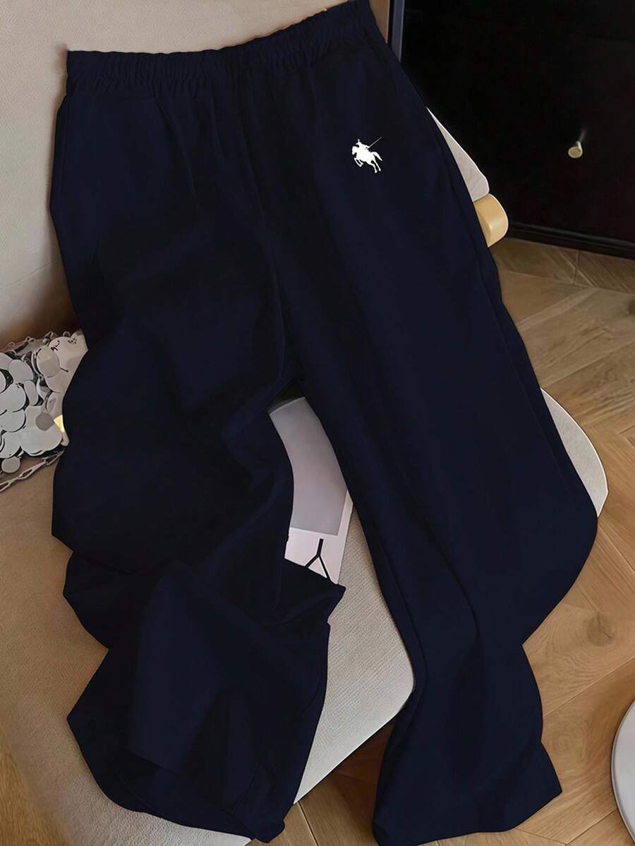 SHEIN EZwear 女士休闲海军蓝马匹图案阔腿裤,适合夏季,适合度假 - 藏蓝色 - 查看 1