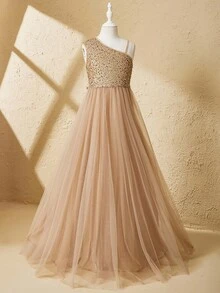 Flower Girl & Big Girl High-End One Shoulder Sequin Contrast Mesh Back Bow Long Dress, Suitable For Wedding, Christmas, Halloween, Performance, Prom, Birthday Party, Back To School, Graduation Fall Winter - Champagne - View 3