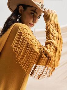 Easelle 女牛仔西部复古休闲串珠流苏细节连帽姜黄色长款毛衣，秋冬乡村音乐会 - 棕色 - 查看 1