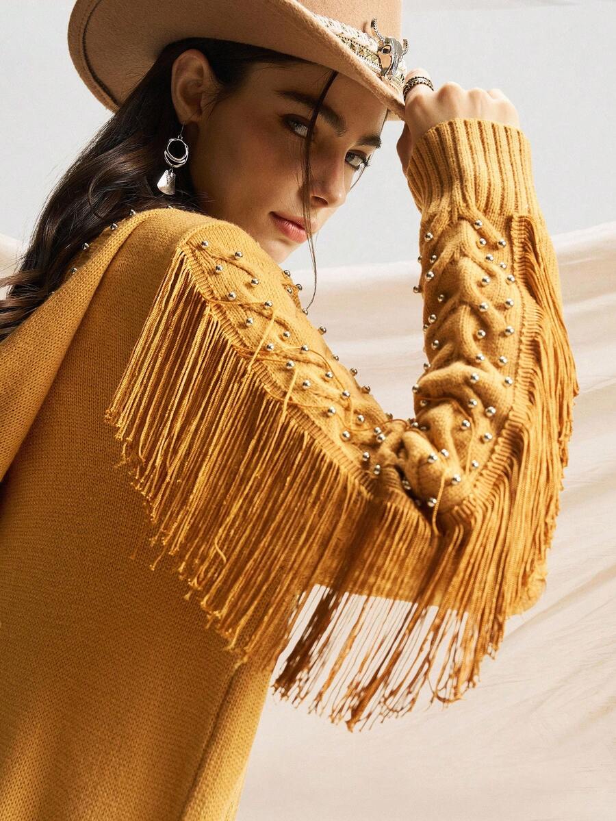 Easelle 女牛仔西部复古休闲串珠流苏细节连帽姜黄色长款毛衣，秋冬乡村音乐会 - 棕色 - 查看 1