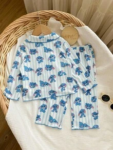 Casual Versatile Cute Cartoon Pattern Long Sleeve Pajama Set, Homewear Baby Girl Pajamas Bunny Pajamas Baby Pajama Set Baby Pj Set Cotton Pajama Set Fall Winter - Blue - View 2