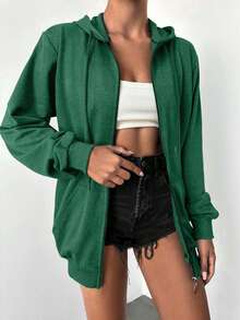 EURMUSE 100%Cotton Solid Zip Up Drawstring Hoodie - Green - View 5