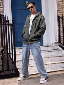 Manfinity Dauomo Áo hoodie dài tay có túi màu trơn dành cho nam, thường ngày cho mùa thu - Màu xám đen - Xem 4