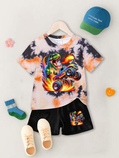 GraphicGems 2 件套年轻男孩休闲扎染恐龙和汽车火焰印花短袖圆领 T 恤和短裤，夏季服装