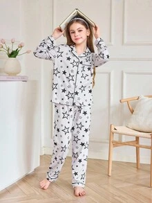 2 件女童黑色星星印花翻领长袖上衣 + 裤子睡衣套装，秋冬女童休闲家居服或睡衣 - 黑色 - 查看 5