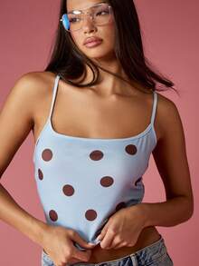 MISSGUIDED Áo crop top chấm bi không tay dây mảnh mùa hè thiết kế chéo lưng đơn giản, thoải mái, dễ mặc, trang phục nhiều lớp thiết yếu - Màu xanh nhạt - Xem 1