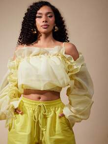 Vixey Áo crop top hở vai có dây rút, chi tiết xếp nếp dệt mỏng - Màu vàng - Xem 3