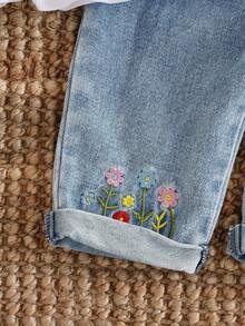 SHEIN Vintaside Kids 2 件装女婴 2025 春秋白色长袖 T 恤 + 牛仔背带裤休闲时尚服装，百搭 - 白色 - 查看 7