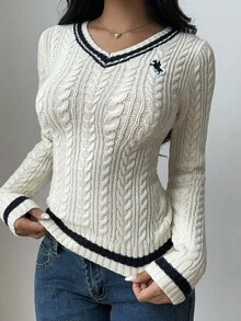 SHEIN EZwear 2025新款极简主义秋冬女式撞色条纹V领长袖修身绞花针织套头毛衣，适合外出乡村风格，秋季万圣节女式冬季毛衣，万圣节女装 - 白色 - 查看 3