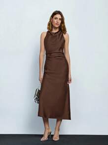 Maija Women's Solid Color Ruched Draped Neck Sleeveless Maxi Dress, Elegant Business Casual Dress, Vintage Style,Autumn Outfits For Women, Christmas Women's Clothing Party Dress