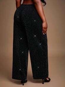 SHEIN SXY Plus Size Women's Elegant Shiny High-Waisted Straight Leg Black Dress Pants, Suitable For Party In Autumn & Winter
