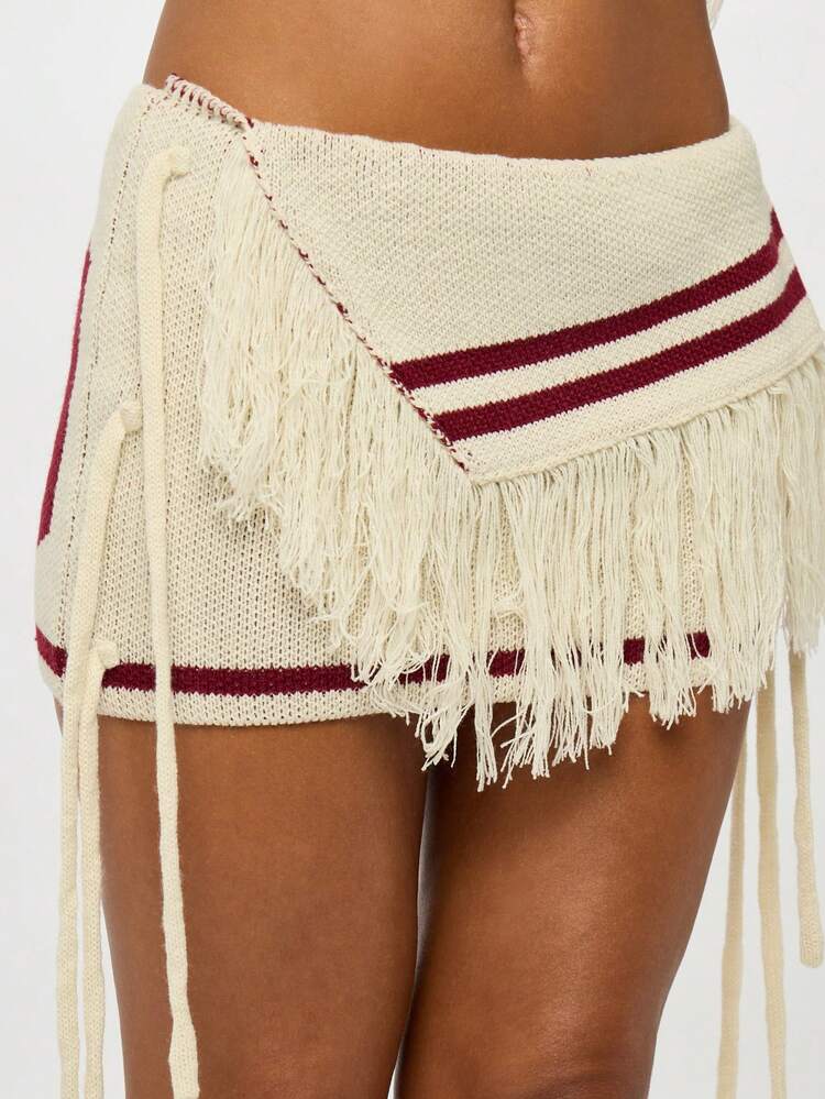 SUMWON WOMEN Knitted Varsity Mini Skirt With Fringe Detailing And Asymmetric Wrap Design Collegiate Style Tennis High Fashion Street Wear Winter Fall - Apricot - View 5