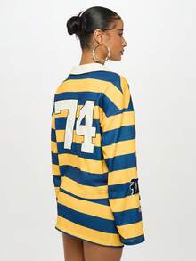 SUMWON WOMEN Varsity Rugby Stripe Collegiate Style Sweatshirt With Patches Retro Sports Number Football For Fall Winter Y2K Fashion - Multicolor - View 2