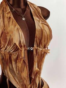 Amplova 2 件套：深垂领露背上衣和独特面料的破洞迷你短裤 - 彩色 - 查看 6