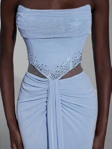 Elitara 优雅浅蓝色露肩低胸腰部镂空奢华手工水钻弹力褶饰美人鱼裙，适合婚礼、单身派对、度假、舞会、正式场合（重型） - 藍色 - 查看 5