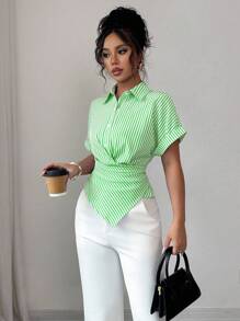 Elenzga 女士休闲通勤条纹系腰衬衫，夏季 - 綠色 - 查看 5