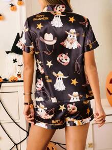 Women Halloween Ghost Pattern Satin T-Shirt & Pants Pajama Set, Fall Clothes, For Halloween Party - Multicolor - View 2